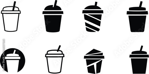 Coffee cup with straws in various styles. Coffee cup lid icon set, disposable drink cup with lid and angled straw icon, Vector illustration !	
