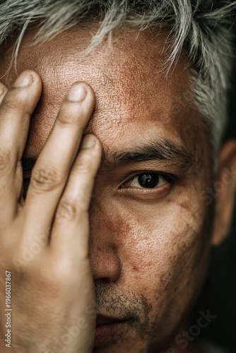 portrait of a handsome filipino man with grey hair covering his face
