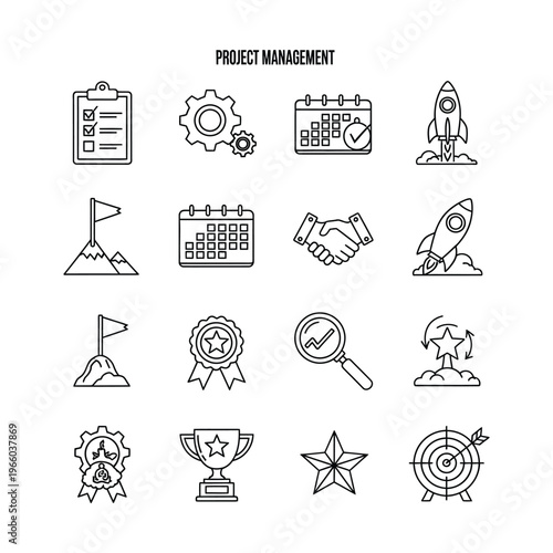 Line art icons representing project management, business goals, success, planning, and achievement concepts.