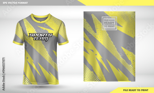 Abstract Grey and Yellow Sportswear T shirt Mockup with Dynamic Geometric Pattern and Halftone Details for Custom Team Kit
