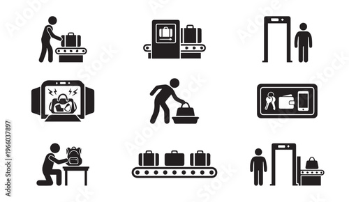 Airport security scanner and baggage handling icons with conveyor belt