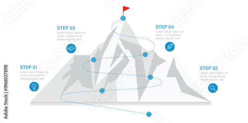 Mountain info graphic with a red flag on top and a path leading to the summit, representing a journey or challenge. presentation vector info graphics. 