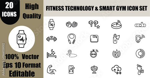 20 Fitness Technology and Smart Gym Line Icon Set Vector: Workout Tracker Outline Symbols.
