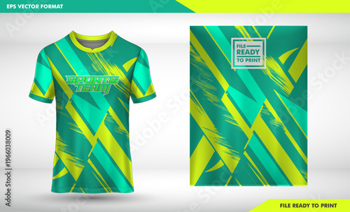 Dynamic Green and Yellow Sports Jersey Design with Abstract Geometric Shapes and Brush Strokes, Ready to print Vector Template for Team Uniforms