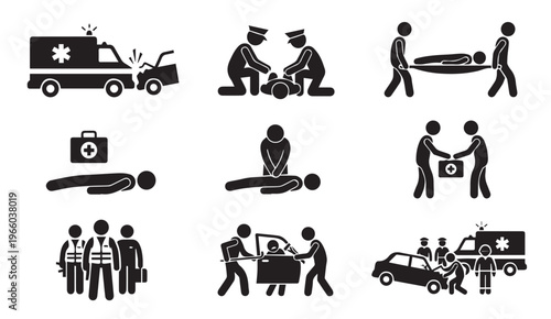 Emergency medical services and car accident icons with first aid