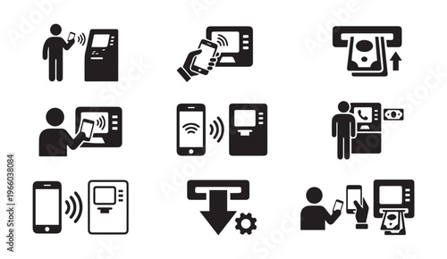Mobile payment and atm transaction icons with payment system