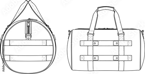 Professional sports duffel bag outline vector illustration with side and front view for gym travel and athletic equipment design isolated on white background