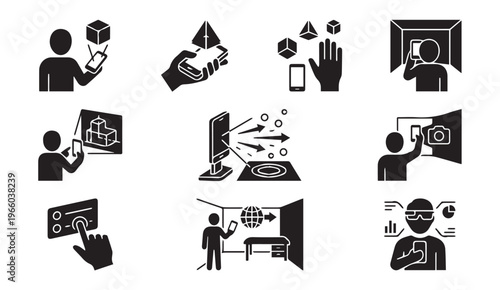 Virtual reality and augmented reality technology icons set