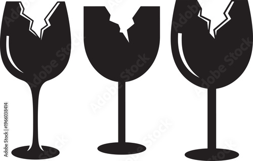 Three broken wine glasses icon silhouette isolated on white.