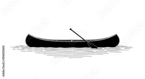 A simple black and white illustration of a canoe on water
