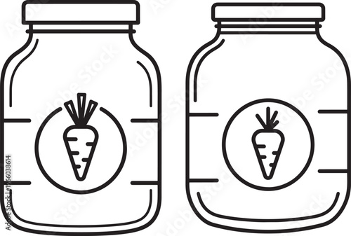 Baby food jars with carrot silhouette icon on label.