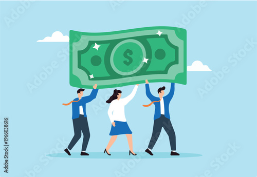 Flat illustration of business people carry dollar banknote salary investment economic value inflation tax