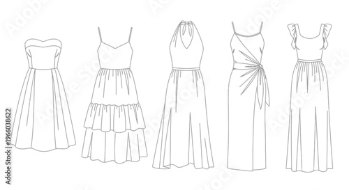 Line art illustration of five different long dresses fashion design sketches