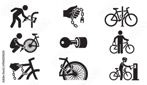 Bicycle repair and security icons set with bicycle lock with bike rack