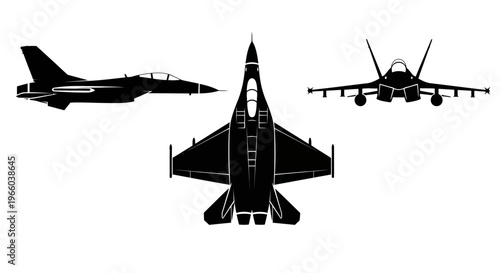 Silhouettes of modern fighter jets in three different orientations
