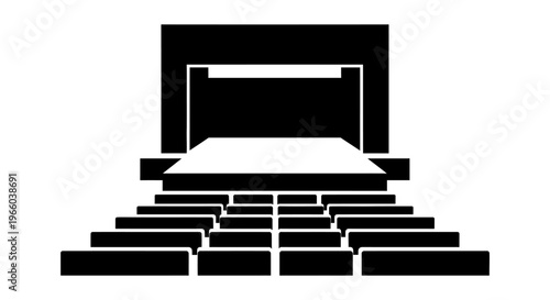 A black and white illustration of a stage with tiered seating