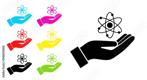 Hands holding atomic models in various colors representing science and technology