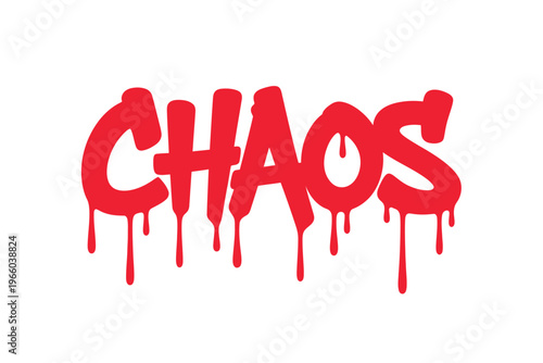The word chaos is boldly displayed in red graffiti with a dripping paint effect high quality