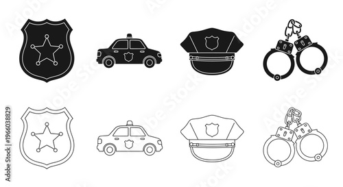 Law enforcement icons badge police car hat and handcuffs in black
