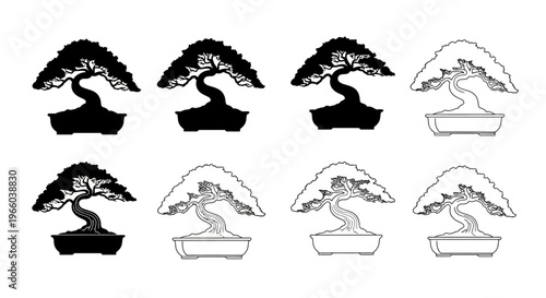 A collection of four distinct bonsai tree illustrations in varying styles