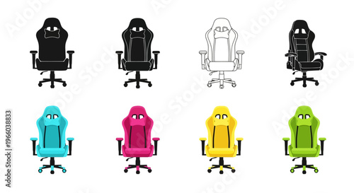 Colorful gaming chair illustrations in various styles and monochromatic versions