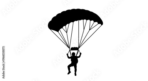 Silhouette of a parachutist descending against a white background