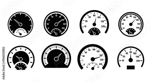 Collection of black speedometer gauges and dashboard instruments icons