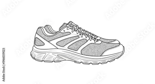 A detailed sketch of a single running shoe with visible laces and sole