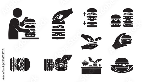 Hamburger food icons: making, eating, serving, layers, fast food, black and whit