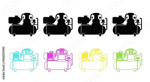 Four colorful air compressors depicted in a linear schematic style