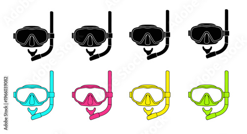 Colorful snorkeling masks and tubes set in various hues and styles