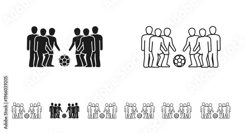 Two groups of stick figures facing each other with soccer balls