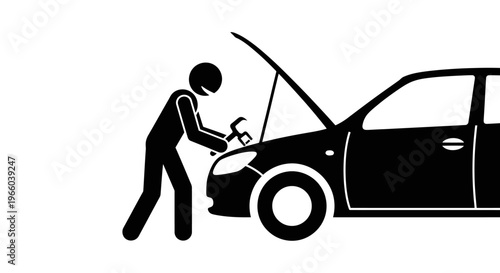 Stick figure mechanic working on a car with an open hood