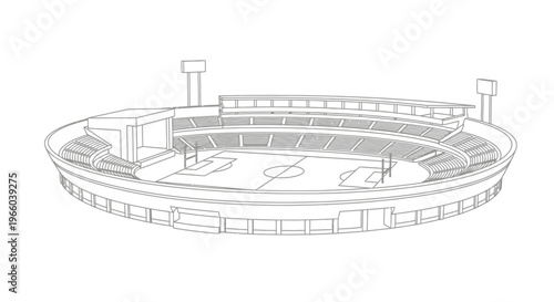 Line drawing of an empty oval stadium with a field and seating