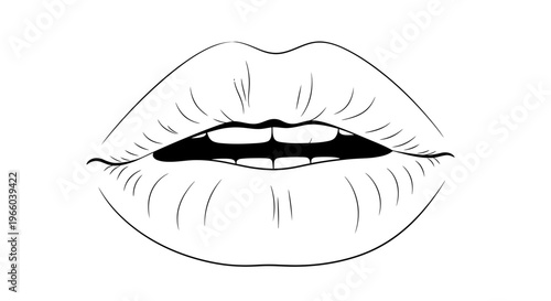 A black and white line drawing of a pair of parted lips