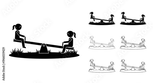 Simple black and white illustration of children playing on seesaws