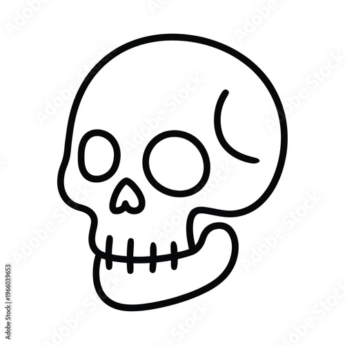 A simple black and white line drawing depicts a cartoon skull with visible eye sockets and teeth