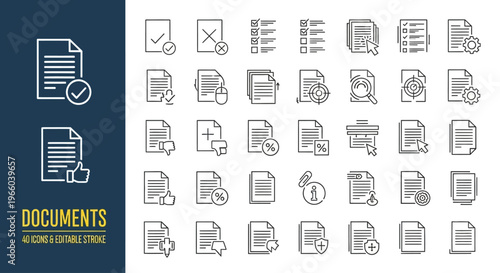 Document icons set, collection of office and paper related icons for digital and print media with a clean line art style
