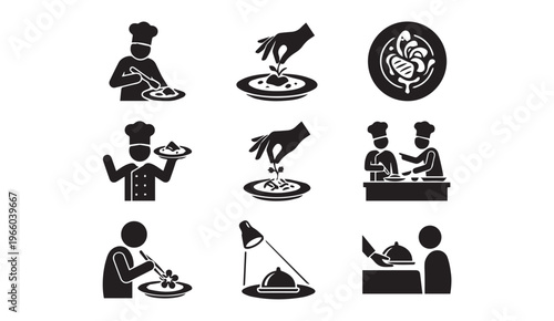 Chef icons: cooking, food preparation and restaurant service, chef hat