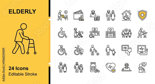 Essential outline icon set for elderly care, senior health, financial planning, and accessibility services, perfect for illustrating retirement support and geriatric well-being concepts