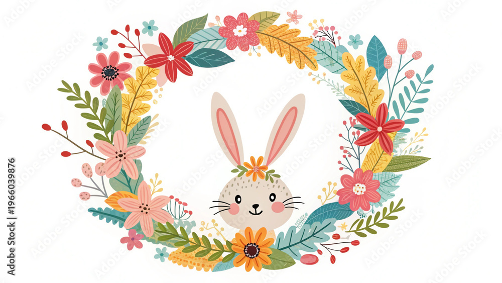 Obraz premium “Floral Easter wreath with bunny ears, decorative circular frame vector”