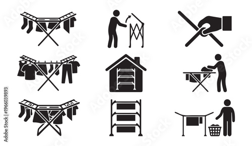 Laundry drying rack icons: clothes hanging, folding, ironing, storage