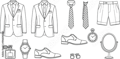Sophisticated gentleman bespoke wedding attire bundle containing blazer necktie oxfords cufflinks pocketwatch mirror fragrance and dapper grooming supplies.