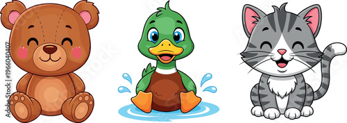 Cute animal cartoon vector set with teddy bear duck and kitten adorable characters for kids illustration design collection