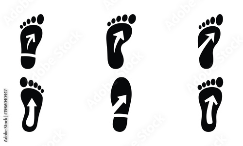 Six black icons of footprints with arrows inside, indicating direction, movement, steps, or journey progression in a minimalist style, black and white