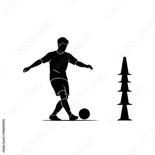 Soccer player dribbling ball between cones silhouette for practice