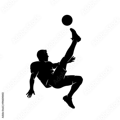 Soccer player doing bicycle kick silhouette black and white