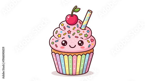 Colorful cartoon cupcake with cherry on top.