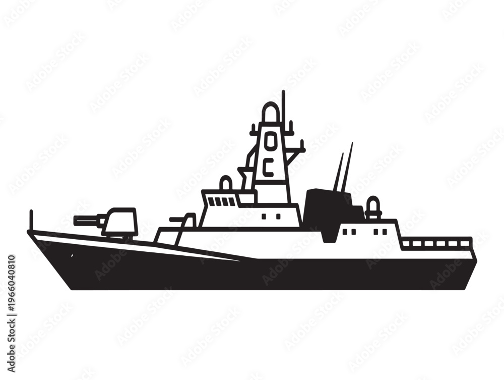 Fototapeta premium A gray naval warship with a pointed bow and multiple antennas