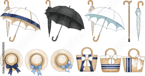 Summer fashion accessories set with sun umbrellas straw hats beach bags and walking cane for elegant seasonal style vector illustration isolated on white background